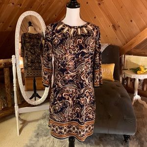 Haani Navy Paisley Border-Print Long Sleeve Sheath Dress